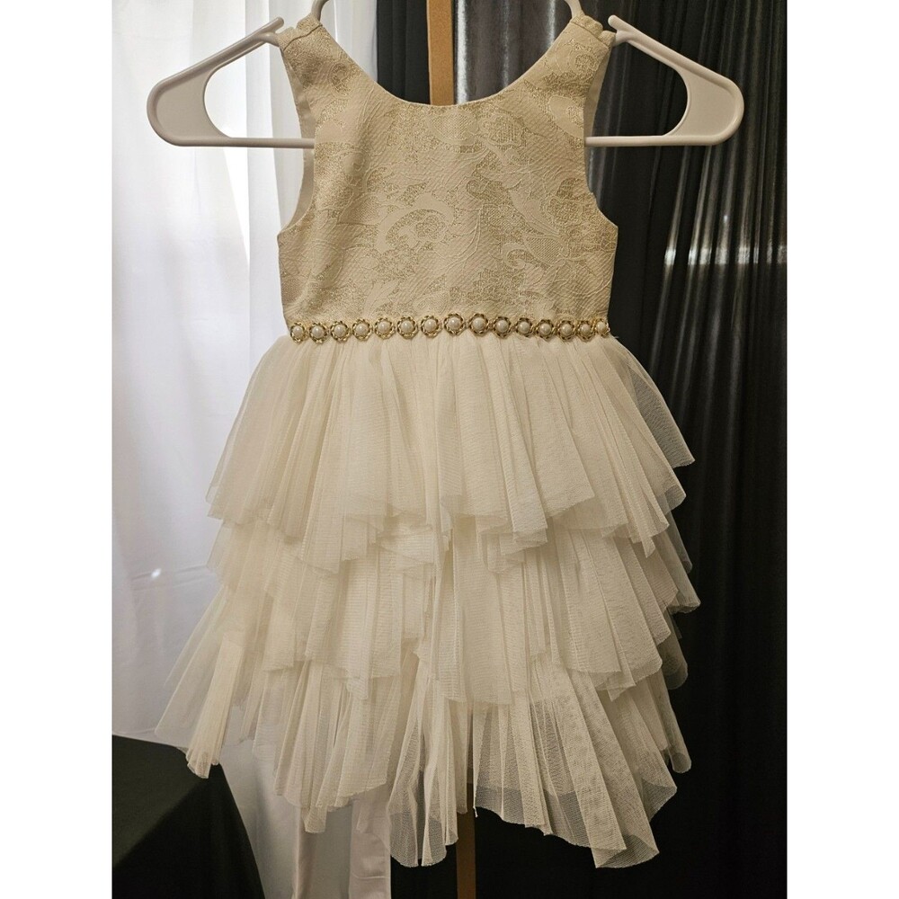 American Princess Girls Size 4T Ivory Lace Tulle Dress Gold Trim Party Formal